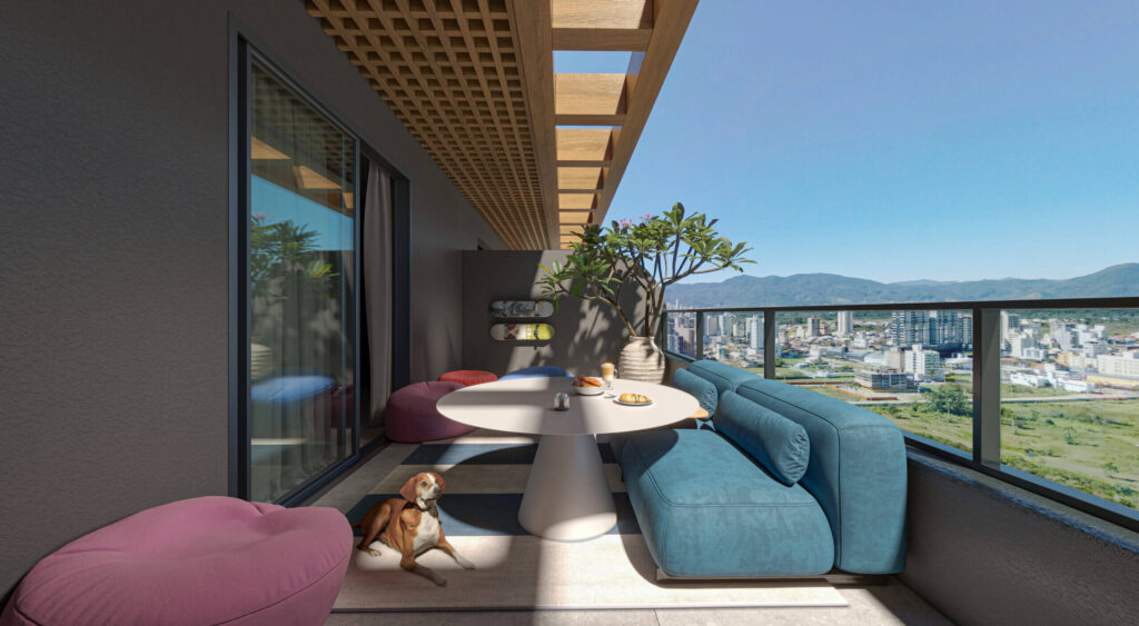 Espaço rooftop com sofás e mesa, local para confraternizar - BG Canas